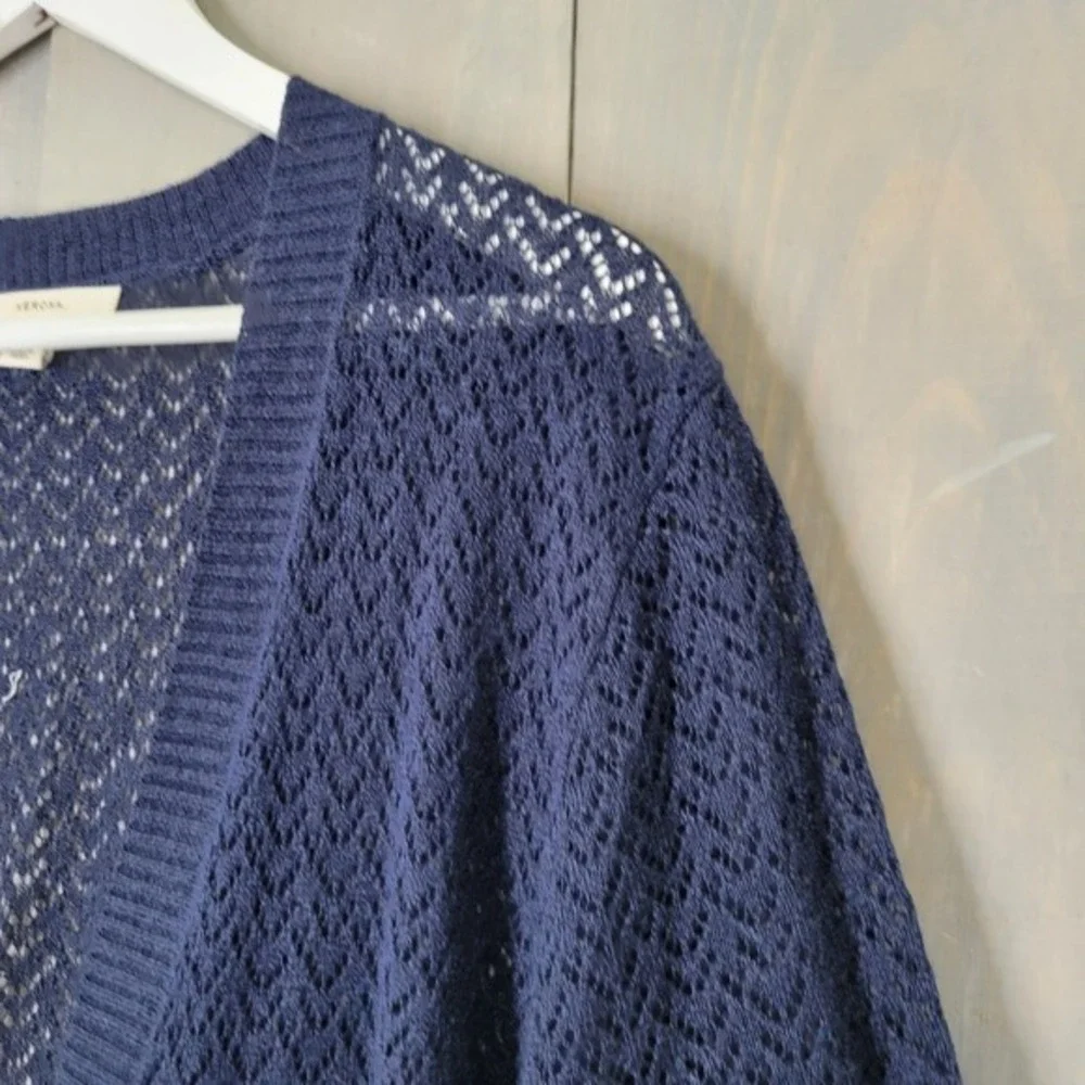 Merona Cardigan Sweater Women 20W/22W Navy Blue‎ Striped Pointelle Open Knit - Picture 3 of 10